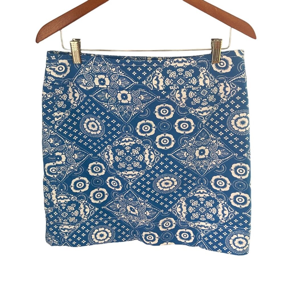 Talbots Women's Blue Diamond Bandana Floral Print Lined Skirt Sz 8 Side Zip NWOT